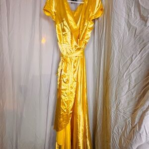 Elegant Yellow Satin Wrap Dress